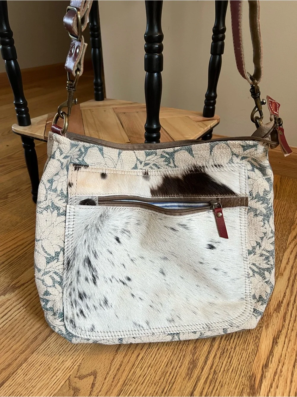 Handbag with Natural Cowhide Patch and Floral Canvas - Brown/White